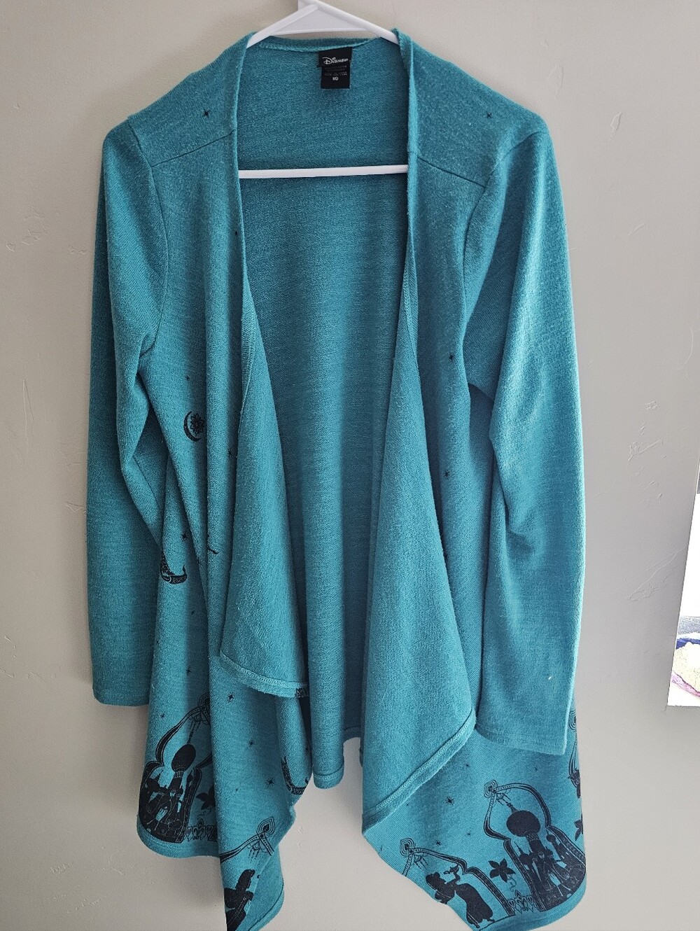 Disney Teal Draped Open-Front Cardigan with Black Silhouette Hem
